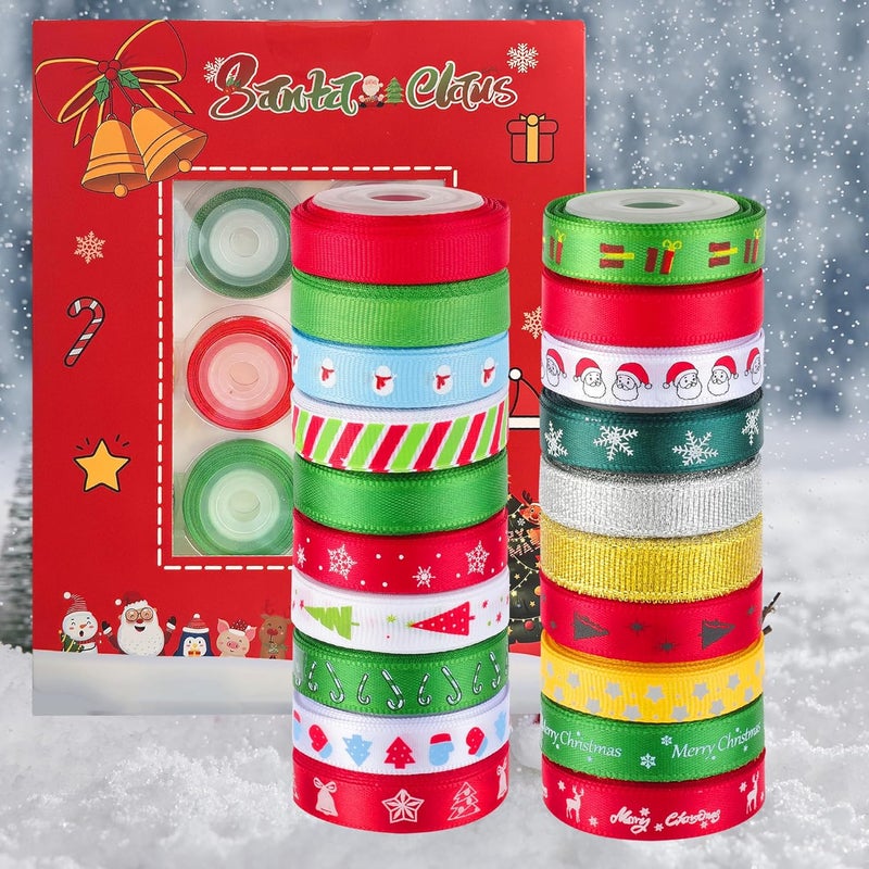 CCTVRTV 20 Rolls 100 Yards Christmas Ribbon for Gift Wrapping, 3/8 Inch Printed Christmas Grosgrain Ribbon, Christmas Ribbon for Gift Wrapping Crafts DIY Holiday Xmas Decorations - Image 3